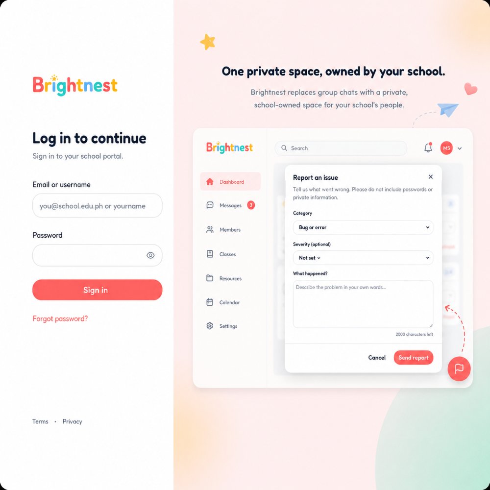 The Brightnest login screen and the Report button